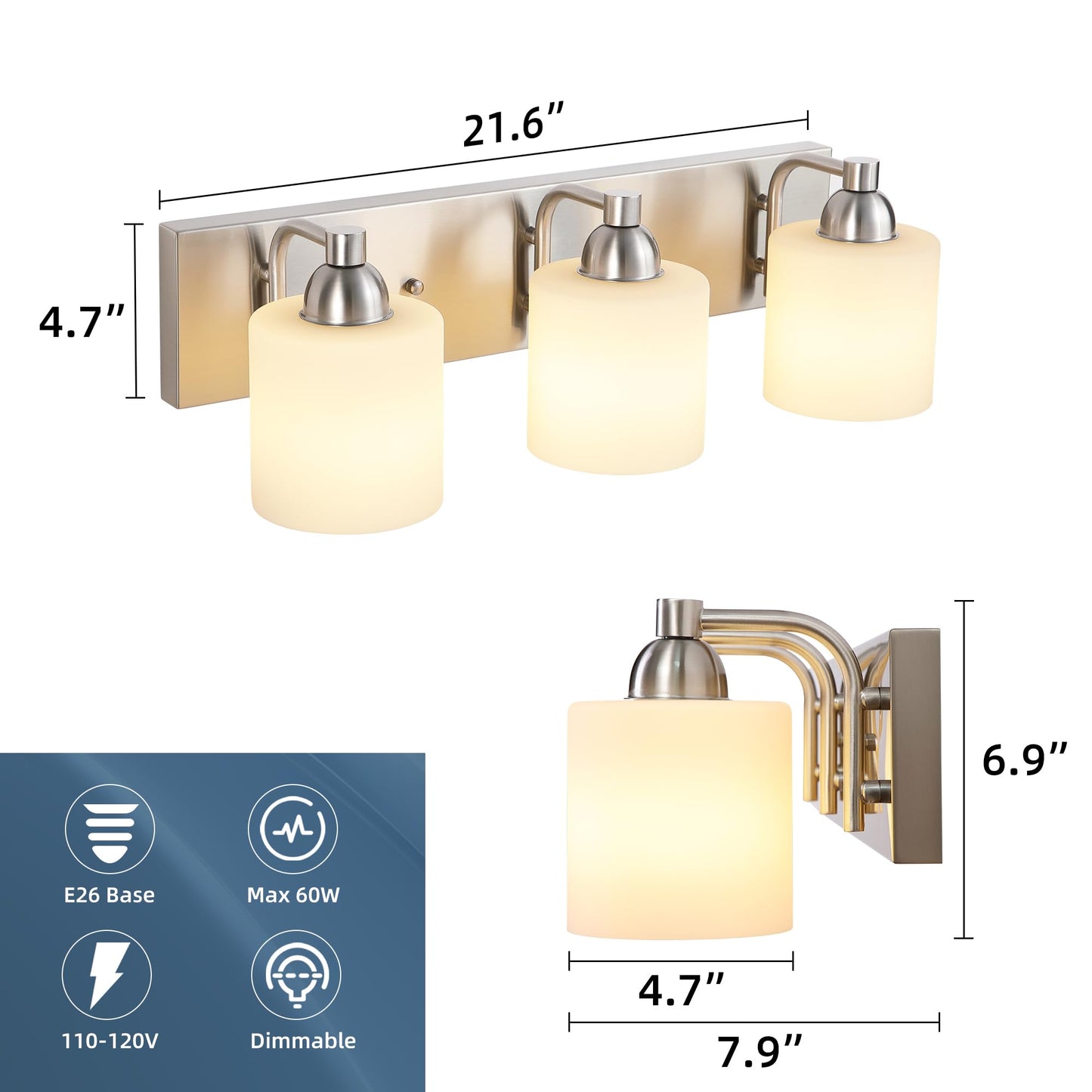 Mecgirn Stainless Steel Milk Glass Bathroom Vanity Light Over Mirror  3 Light Brushed Nickel Bathroom Light Fixtures With Frosted Glass  Modern Vanity Lighting Wall Mount