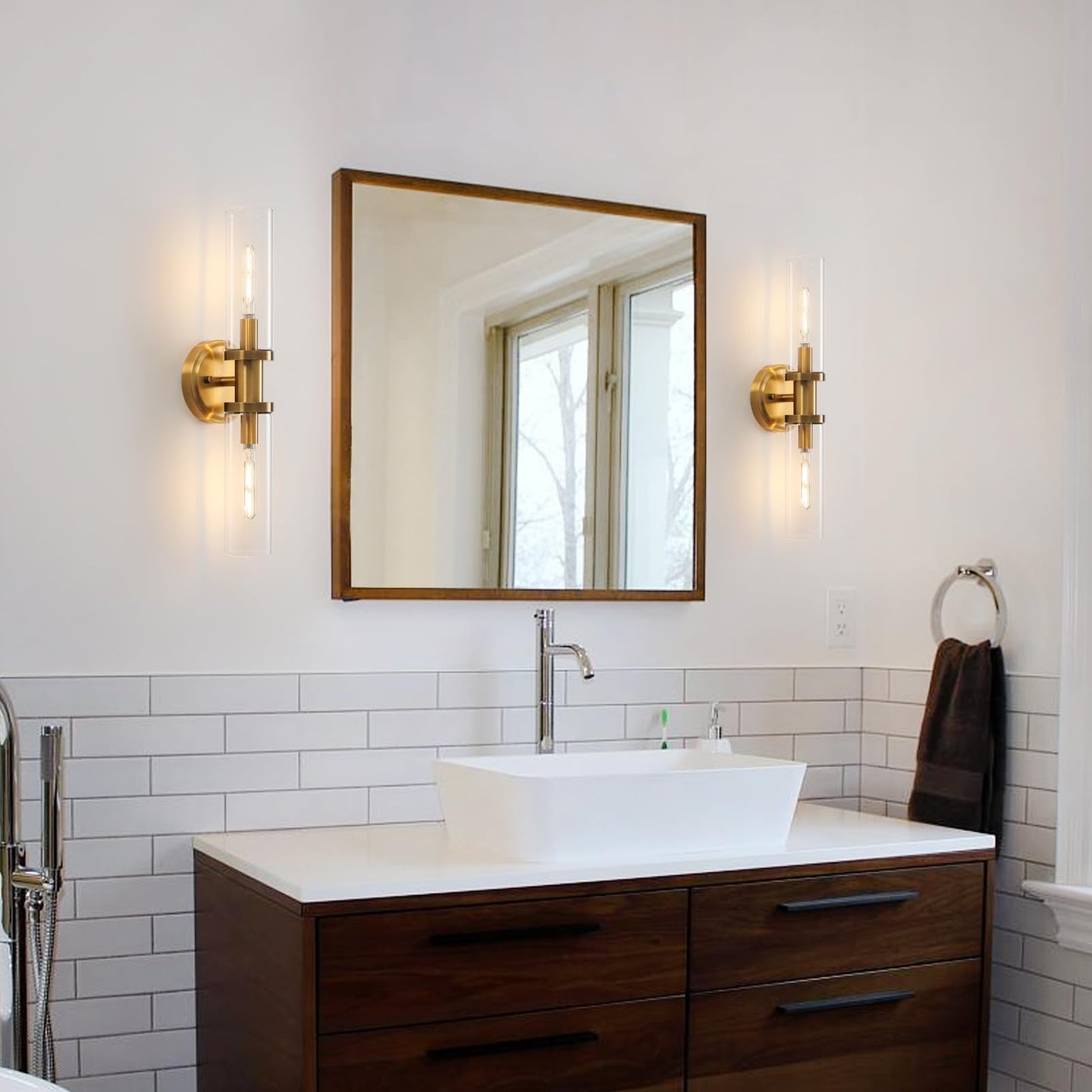 KUZZULL Wall Sconces Set of 2, Brushed Brass Gold, Clear Glass, Modern Lighting Fixtures, 28in, Iron Material