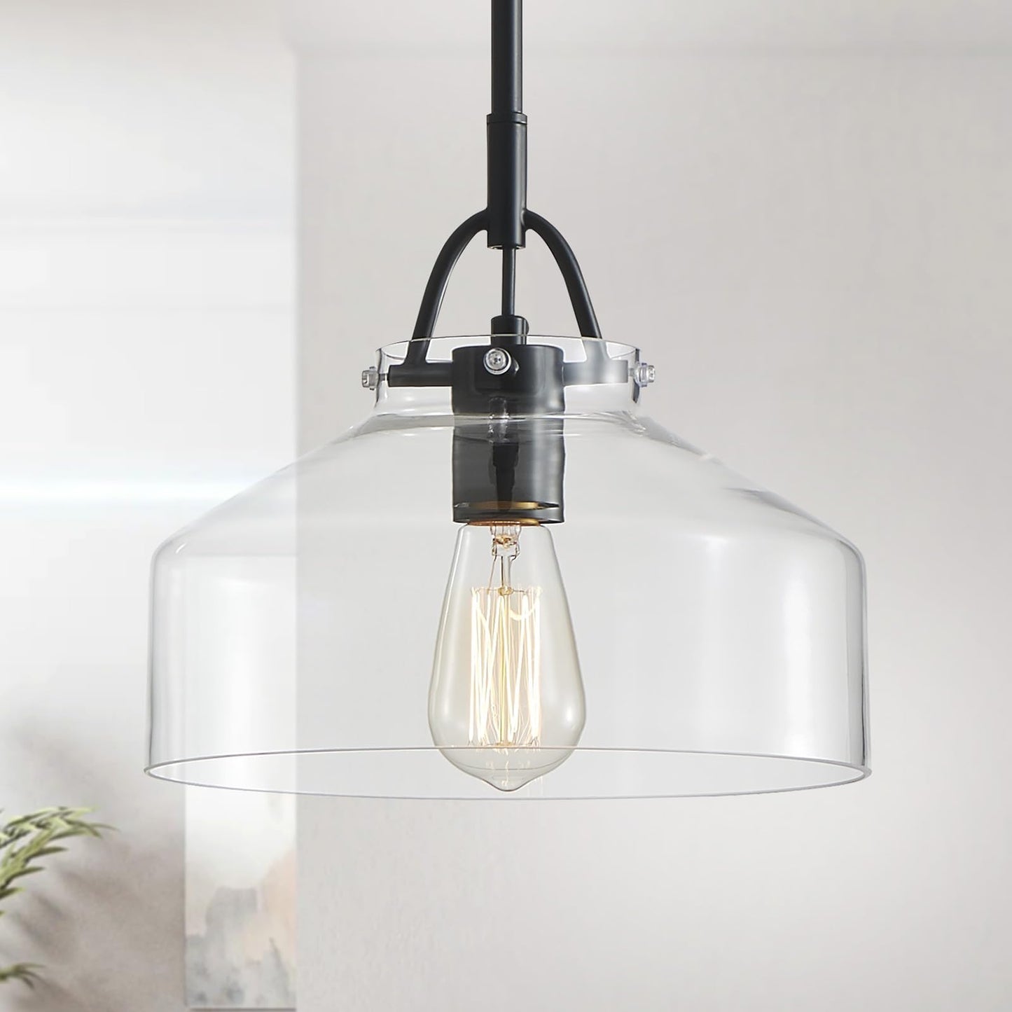 Wuzups Rustic Industrial Chandelier Pendant Light Fixture, Black Metal, 9.4H X 10.6W, E26 Base, Clear Glass Shades For Dining Room, Kitchen, Foyer