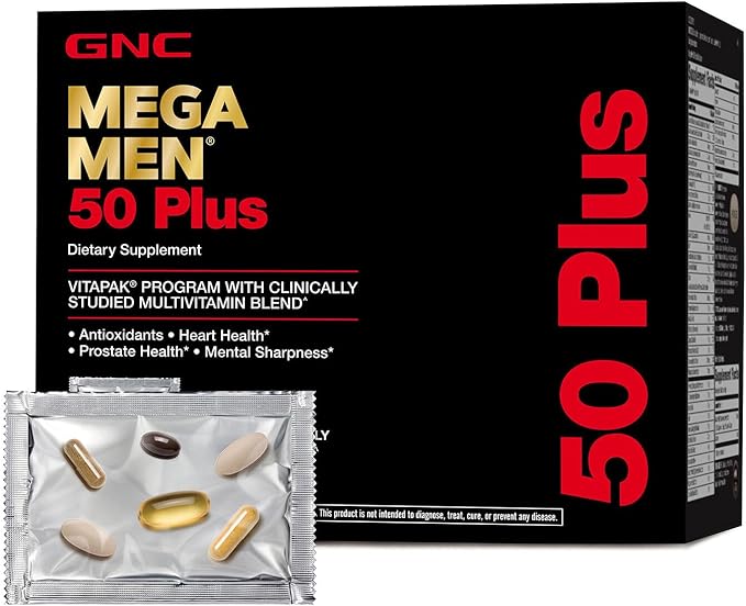 GNC Mega Men 50 Plus Vitapak Program, Convenient Complete Nutrition, 5 Products in 1 Vitamin Pack, Multivitamin, Fish Oil, Mental Sharpness, Ginkgo, Prostate Health, 30 Packets, 30 Day Supply