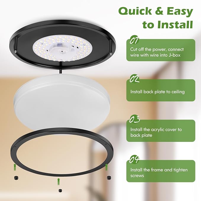 2-Pack 50W Dimmable Flush Mount Ceiling Lights, 16 Inch Black LED Ceiling Light with 5 Color Temperatures in One Selectable, 5400LM Modern Close to Ceiling Light Fixtures for Livingroom Dining Hallway