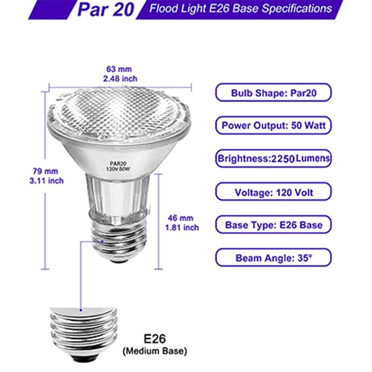 Jaenmsa PAR20 Flood 50W 120V Bulbs, 6 Pack 50 Watt PAR20 Halogen Bulb 2250 Lumens, Dmimable Par20 E26 50W 120V Eco Halogen Light Bulb Warm White 2700K Reflector for Track Lighting & Range Hood