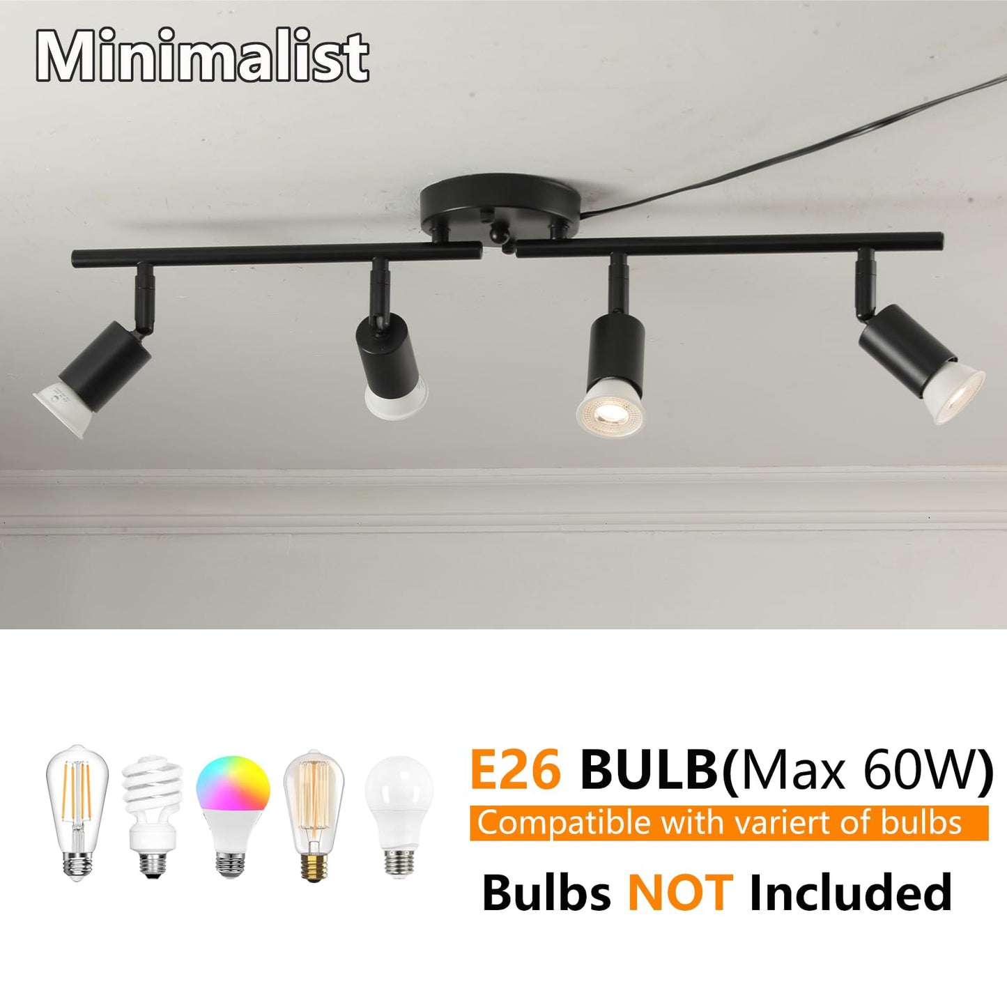 Vivihobb Plug In Track Light Black 4 Light Plug In Ceiling Lighting Fixture With 16.4 Long Cord 4 Way Ceiling Spotlight Rotatable Wall Mount Light Head Bulbs Not Included