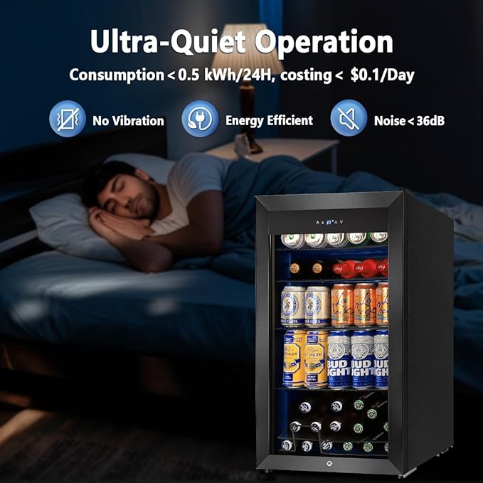 Tylza 130 Cans Beverage Refrigerator Cooler, 3.22 Cu.Ft Beverage Cooler with Low-E Glass Door, Safety Lock, Beverage Fridge for Soda, Beer, Wine, Mini Fridge for Home, Office, Bar, Bedroom, Black