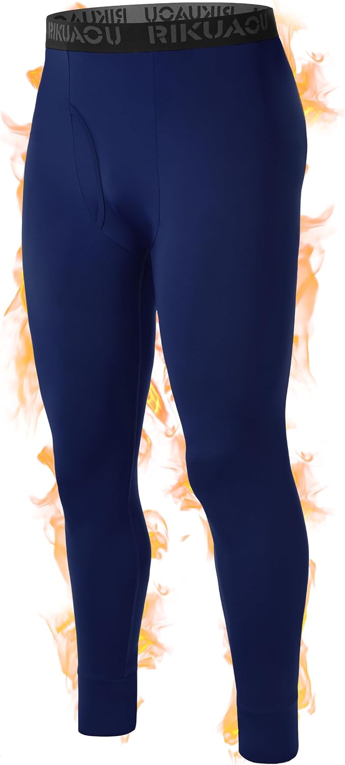 RIKUAOU Men's Thermal Underwear Bottoms, Fleece Lined Long Johns Pants with Fly, Athletic Base Layer Leggings Cold Weather
