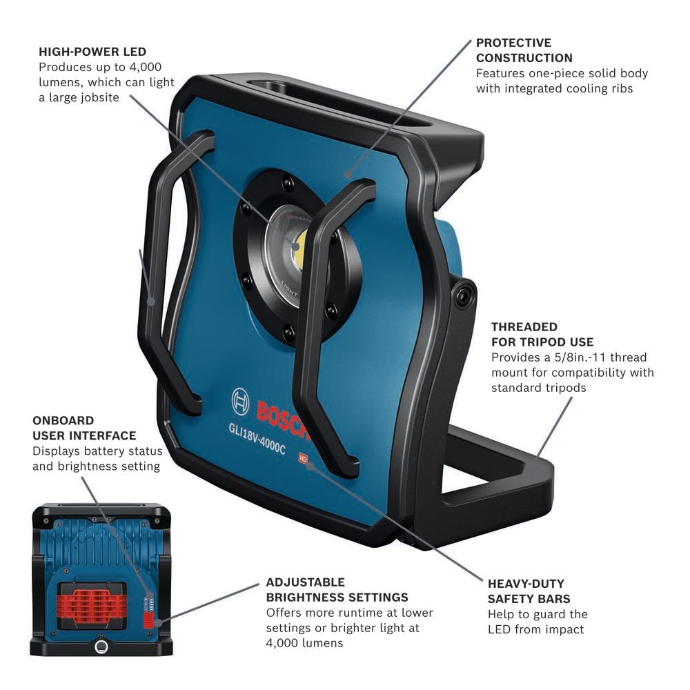 Bosch GLI18V-4000CN 18V Bluetooth LED Floodlight, 4000 Lumens, Remote Control, Black, Durable Metal Body, Adjustable Brightness