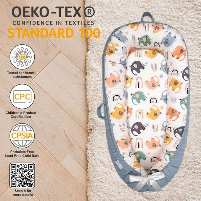 Organic Cotton Baby Lounger – Reversible, Portable, Soft & Breathable with Washable Cover | Perfect for Awake-Time Use Only - Big Elephant