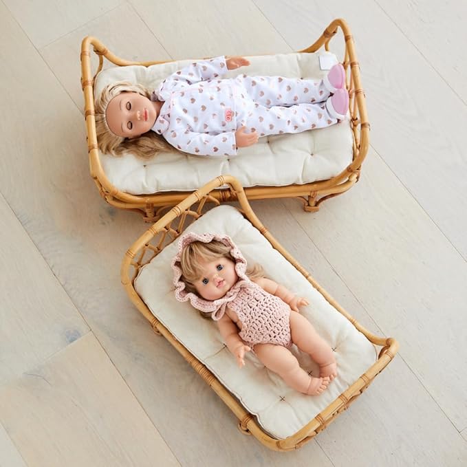 BEBE BASK Small Premium Rattan Baby Doll Bed 17 x 10 x 7,5 in –Handcrafted & Award-Winning - Perfect First Wooden Doll Bed - Luxe Mattress (Small)
