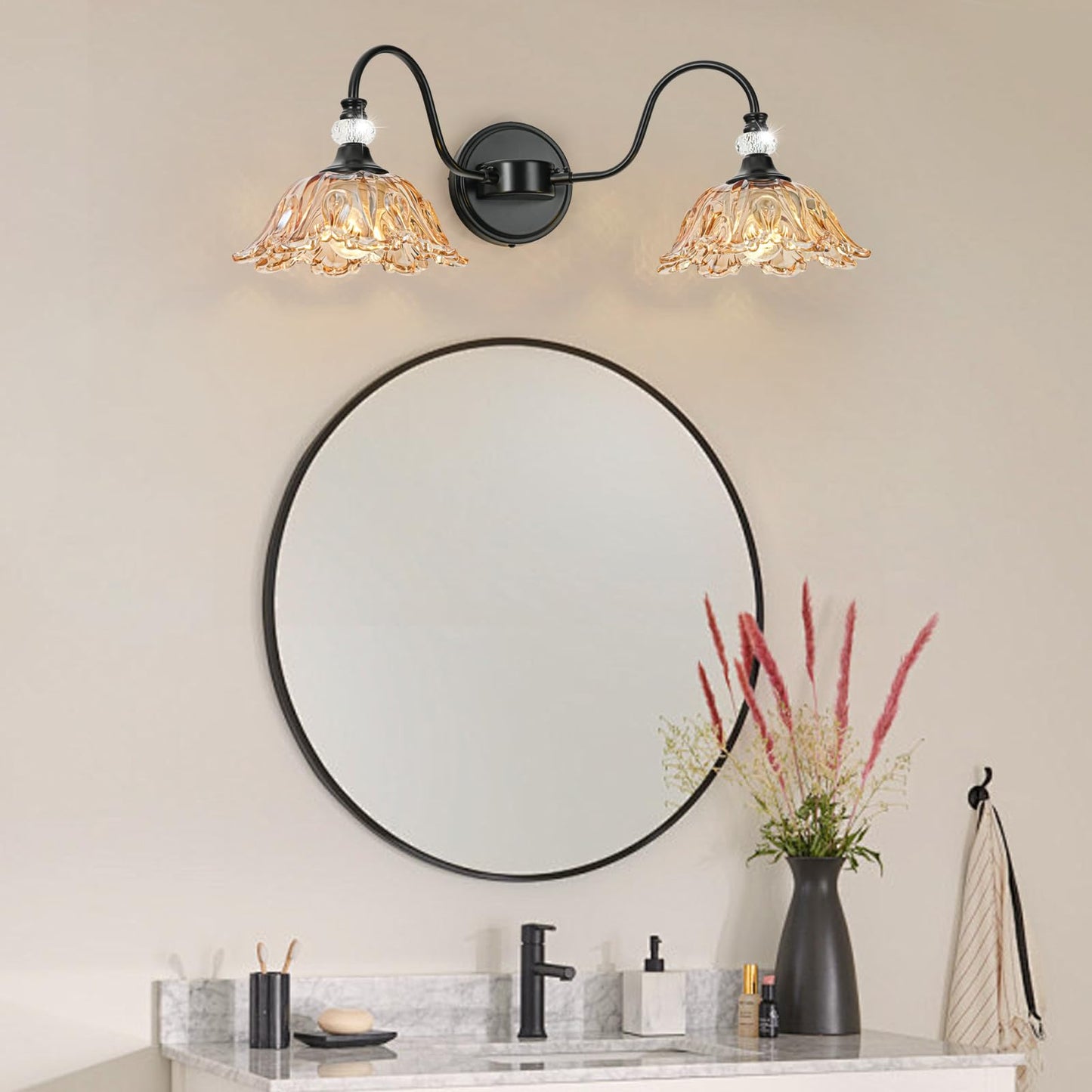 Sunkryster Black Bathroom Vanity Light  2-Light Vanity Light With Floral Amber Glass Shades Vintage Farmhouse Wall Mount Lighting For Bathroom  Dressing Table