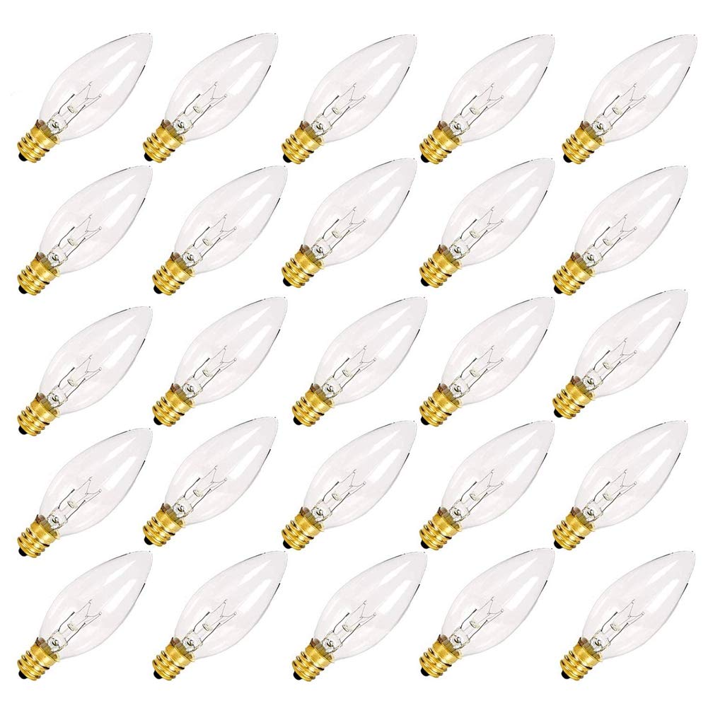 Sunsgne 25 Pack Clear Torpedo Tip Replacement Bulbs - E12 Candelabra Base, 120V 7 Watts, Ideal For Electric Candle Lamps & Chandeliers