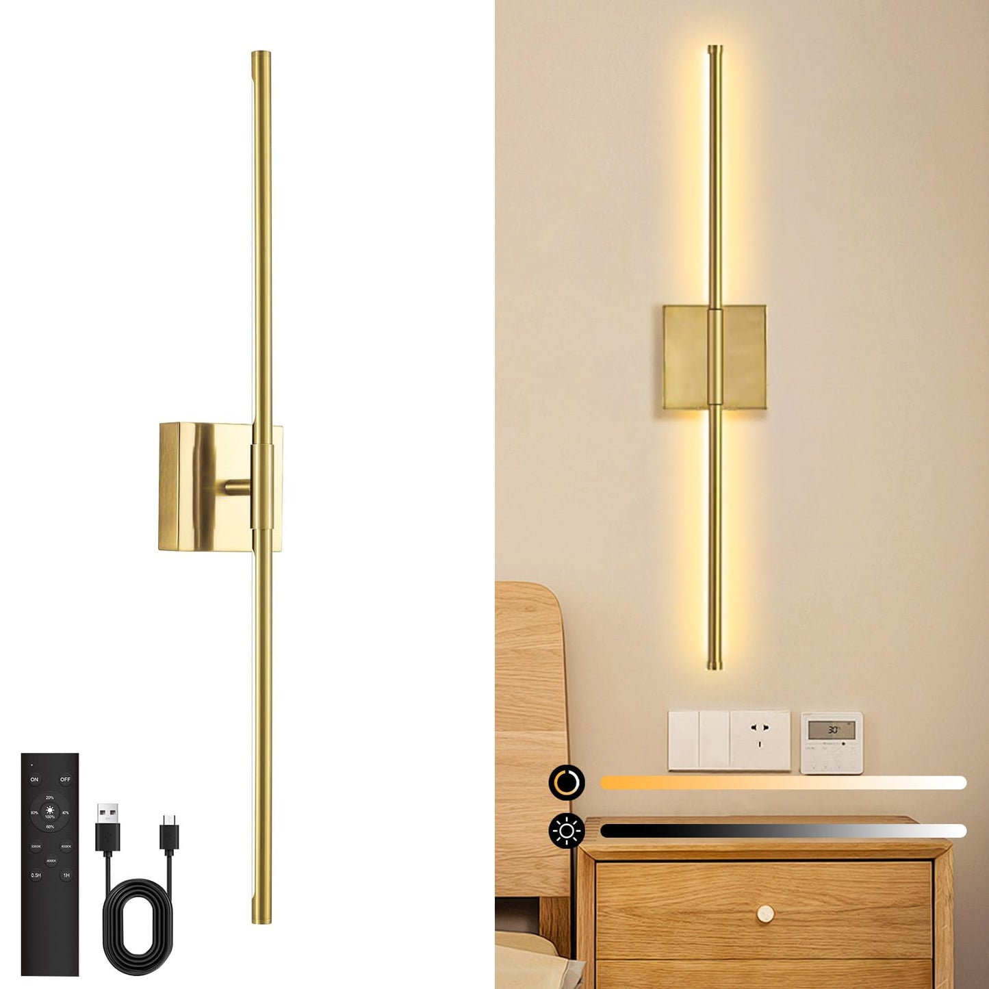 Danhh Wall Sconce, Dimmable 3000K-6000K, Rechargeable, 350° Rotate, 1 Pack, Metal, Gold, Model HCP042