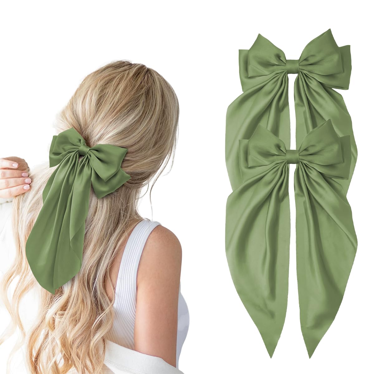 Hair Bows for Women, 2Pcs Olive Green Bow Hair Clips for Girls, Silky Satin Hair Bows Clips Long Tail, Large Hair Barrettes Cute