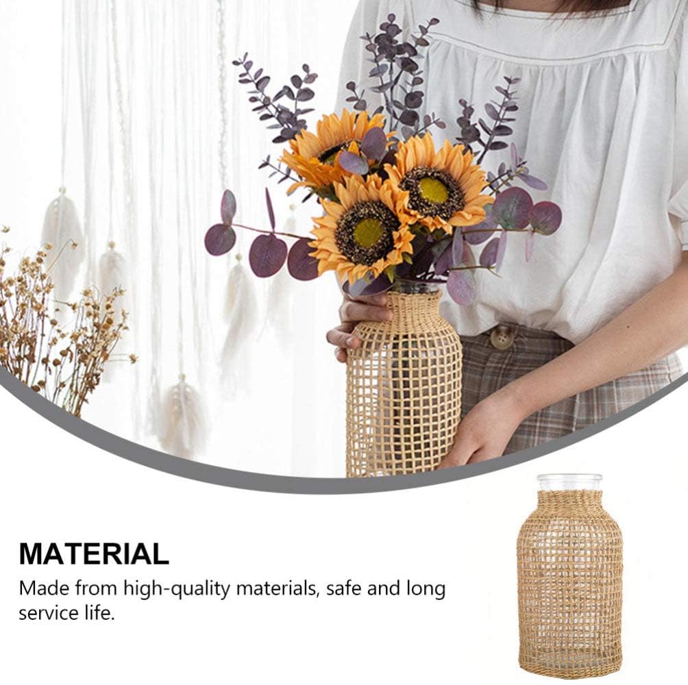 DOITOOL Glass Flower Vase with Rattan Cover, Round Decorative Flower Vase Woven Seagrass Vase Farmhouse Vase Floral Container for Floral Arrangement Table Centerpiece Decor (Size S)