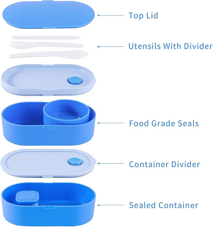 Bento Lunch Box Set -2 Stackable Adult And Women's Lunch Boxes - Including Lunch Bag, Leak Proof And Bisphenol Free A - Built-In Cutlery Set - Dishwasher Safe (Blue)