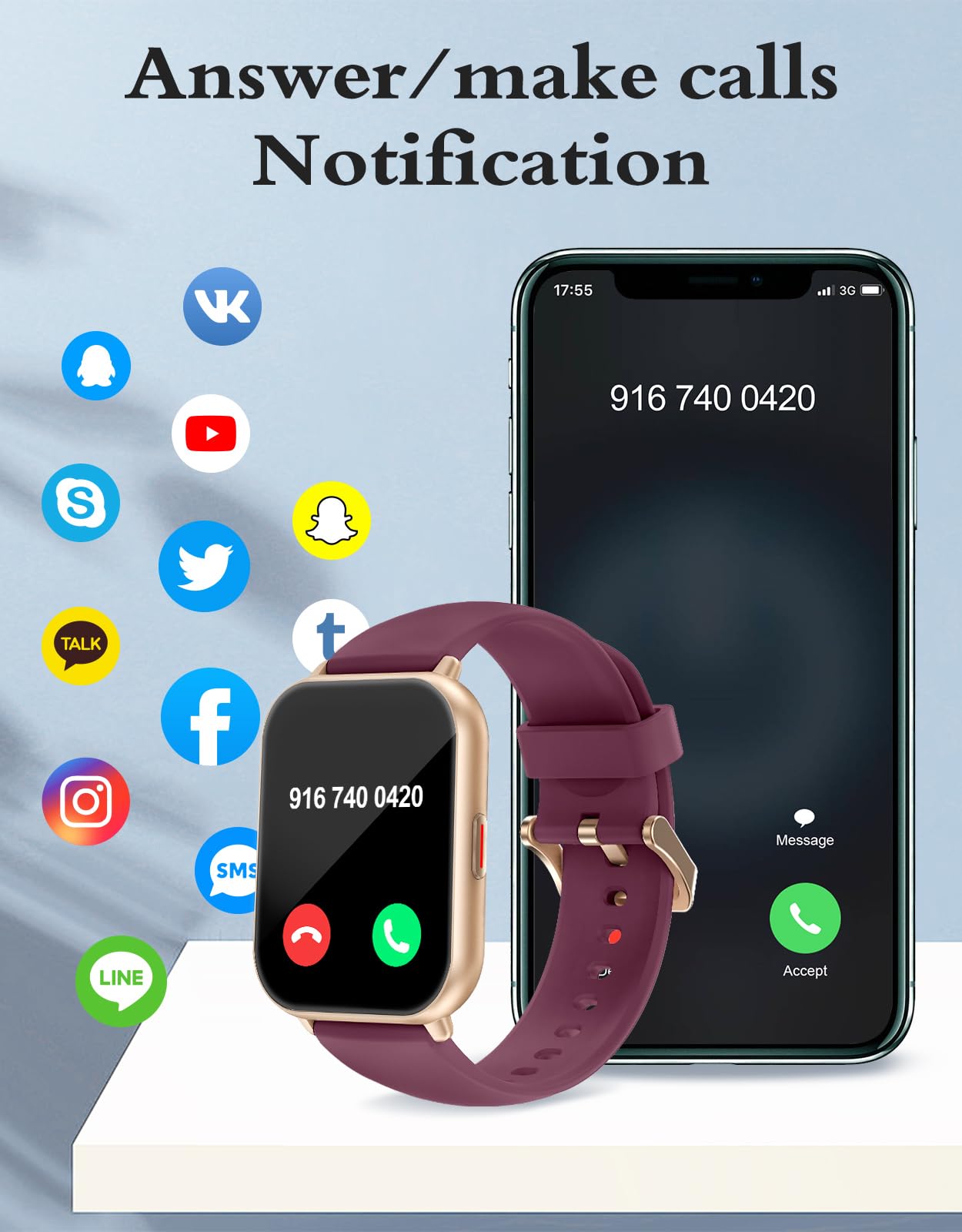 RUIMEN Smart Watches for Men Women (Answer/Make Calls, 2 Bands Included), 1.8" Smartwatch for iOS/Android Phones, Fitness Tracker Heart Rate/Sleep Monitor Digital Watch Waterproof Purple