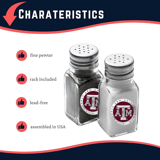 Heritage Pewter Texas A&M Salt and Pepper Shaker Set of 2 Bottles | Expertly Crafted Pewter Glass