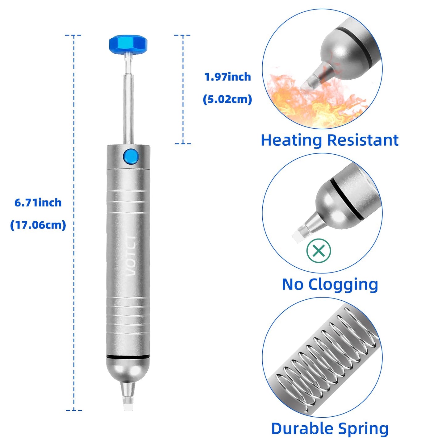 VOTCT Solder Sucker No Clog Desoldering Pump for Solder Removing with Replaceable Heat Resistan Silicone Sucking Nozzle, Desoldering Tool Sodering Pump Strong Vacuum Aluminum Suction Remover