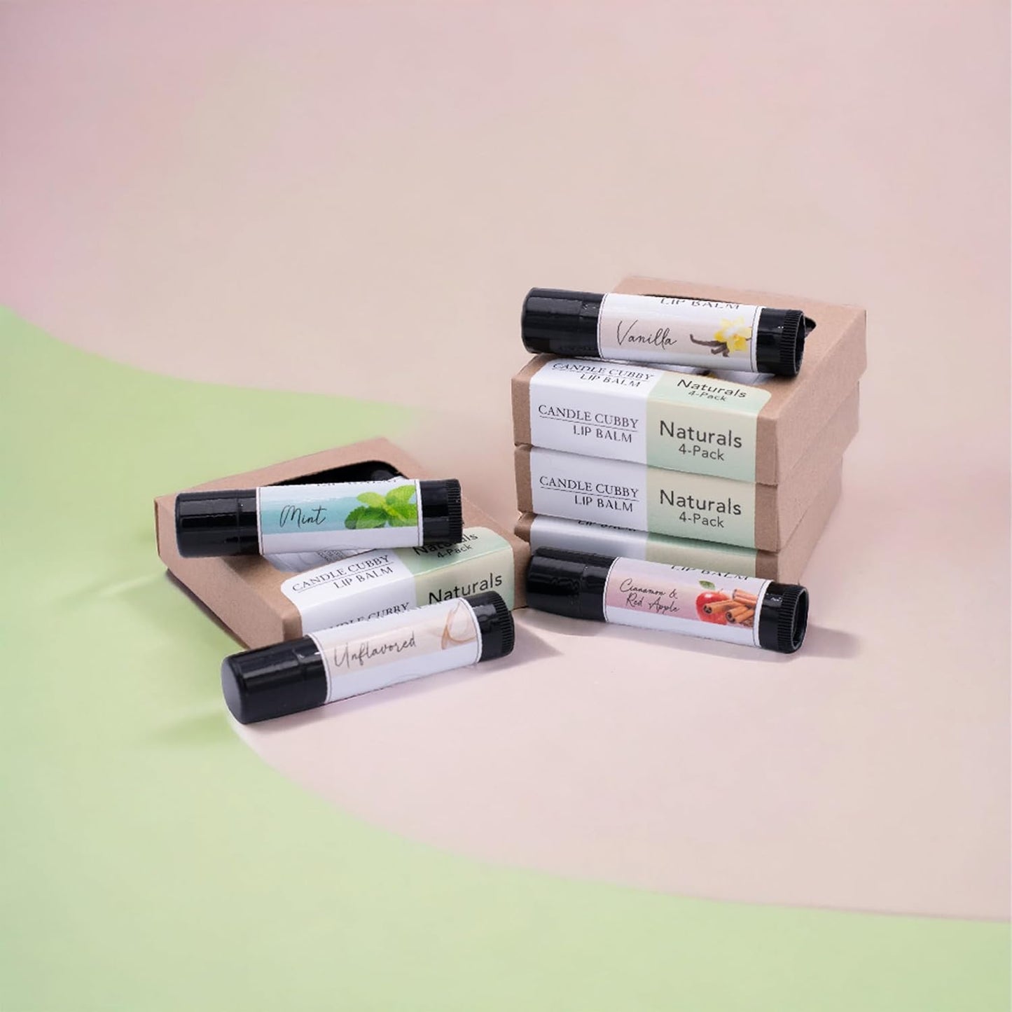 Lip Balm Naturals 4-Pack, Mint Vanilla Cinnamon Red Apple Unflavored, Natural Beeswax, Moisturizing Lip Treatment, 4 Tubes, 0.15 oz., White