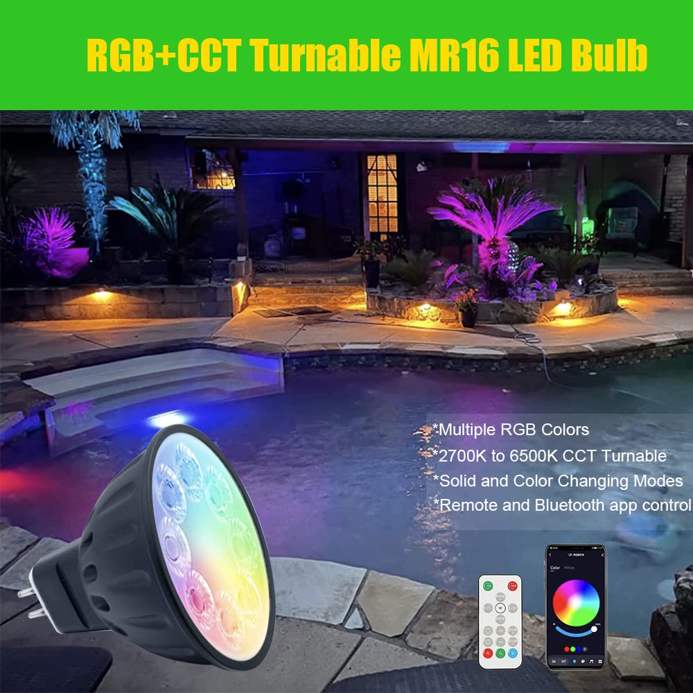 Makergroup MR16 RGBW LED Bulbs, CCT Tunable 2700K-6500K, Remote & Bluetooth Control, 5W 2-Pack, Aluminum