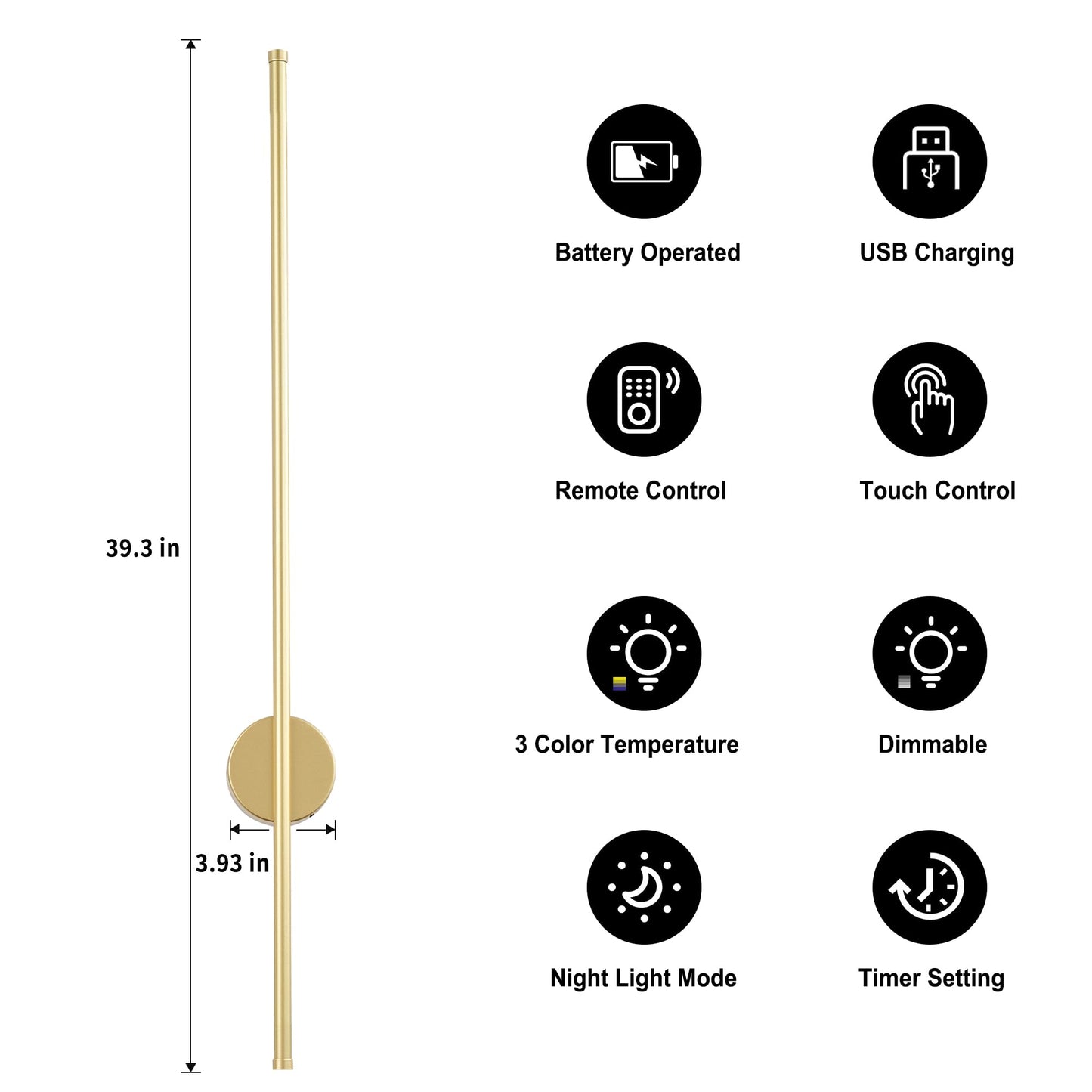KARTOOSH Battery Operated Wall Sconce Set, Dimmable, 39.3 Inch, Gold, Rechargeable LED, Remote Control, Model ZM322B