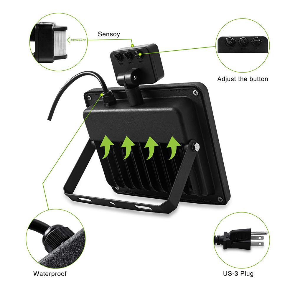 LEACOCO Motion Sensor Flood Light, 10W, IP66 Waterproof, 1000LM, Daylight White, Model LYD for Outdoor Use