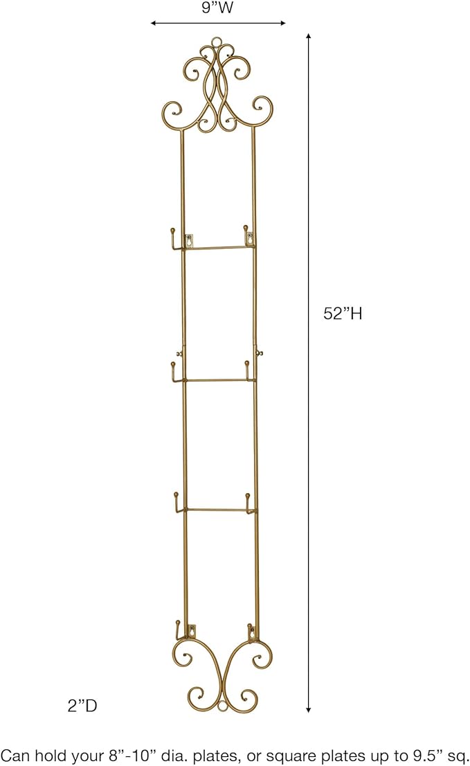 Kanya Gold Four Plate Wall Mount Rack | Four Plate Holder | Plate Display Easel Decor | Openwork Scrolls | Traditional Classic Metal Plate Racks | Square or Round Plates | Kitchen | Dining Room
