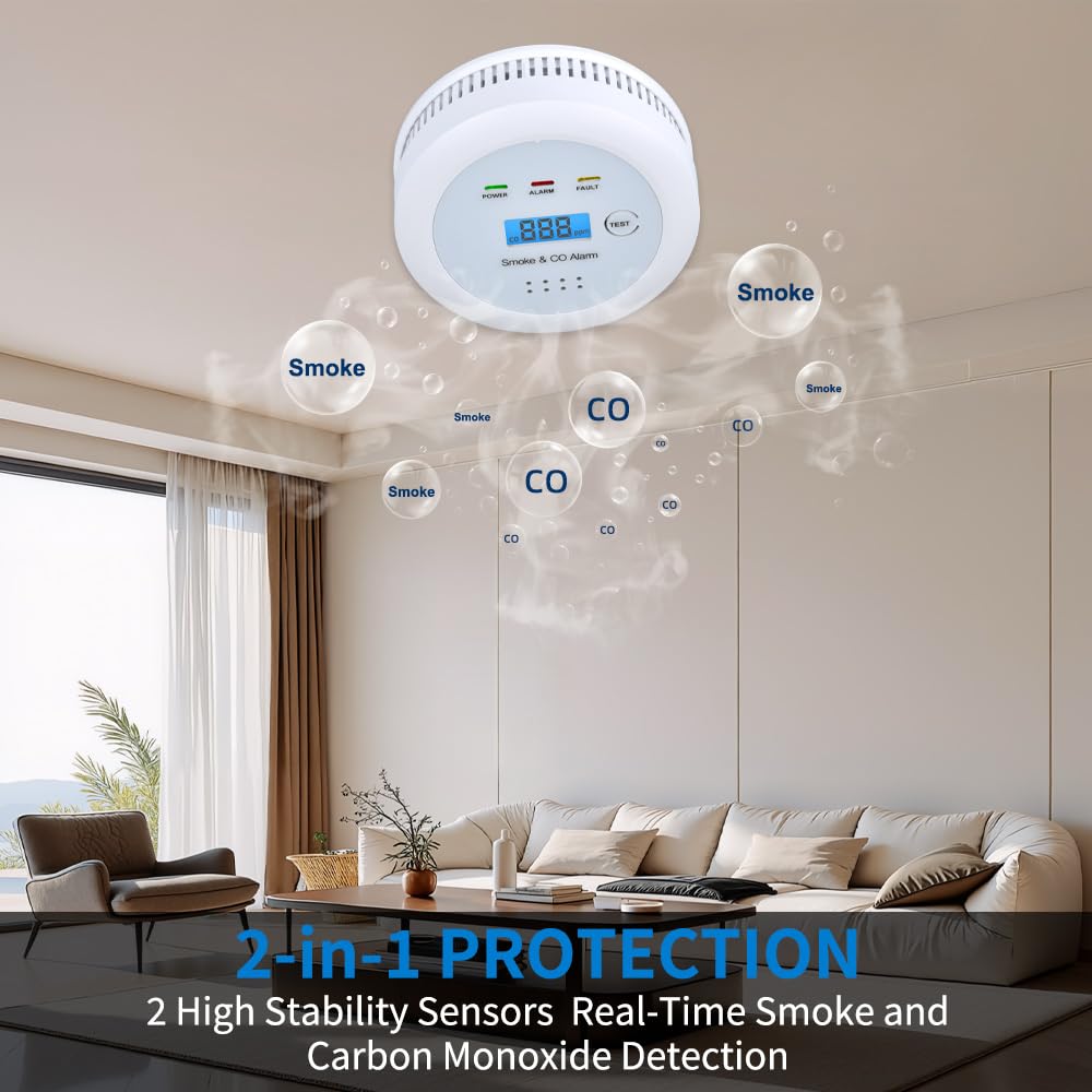 2 in1 Smoke Detector Carbon Monoxide Detector Combo,with LCD Digital Display and Sound Warning Test Button，Battery Powered，Easy Installation, for Home, Bedroom, Kitchen(2PACKS)