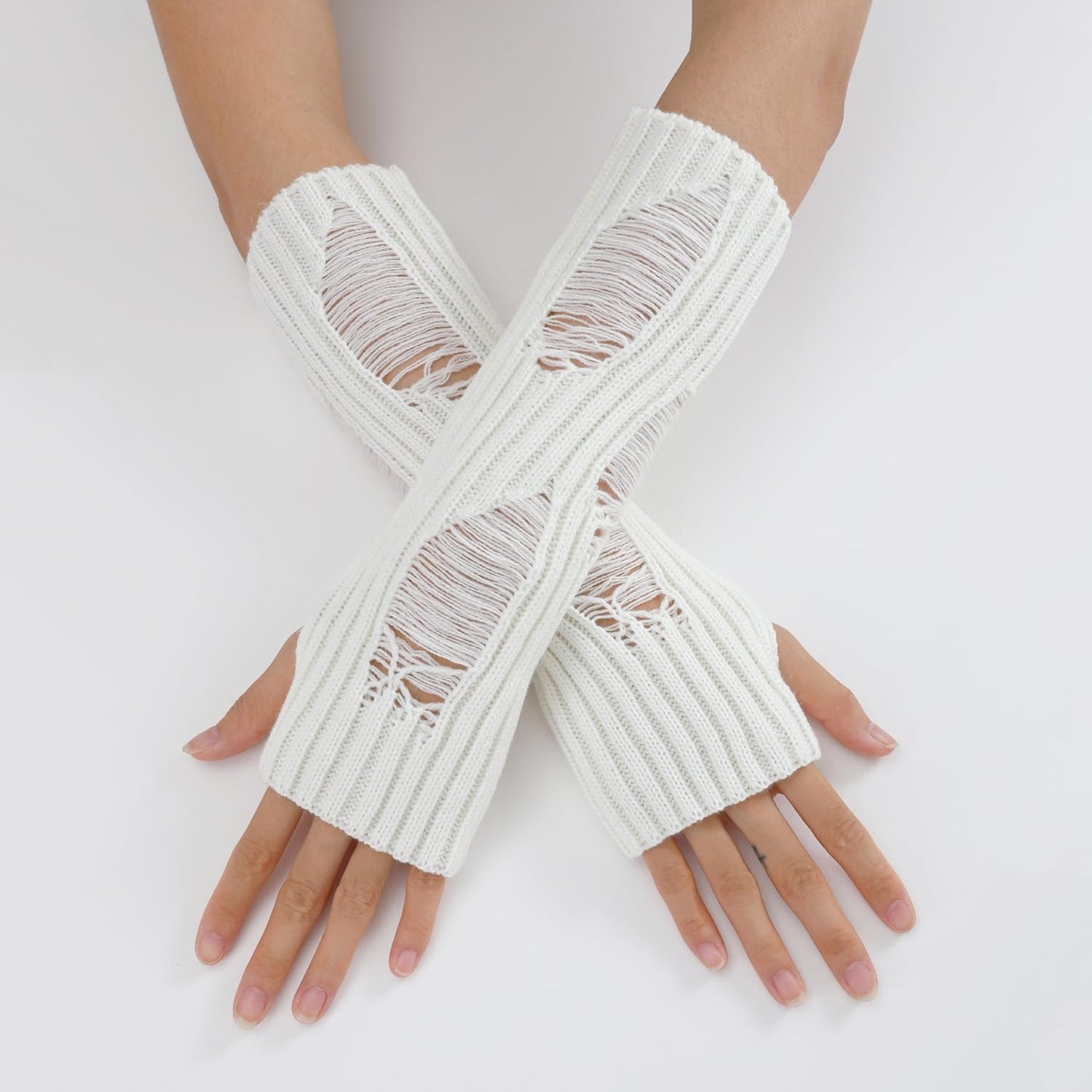 therian Emo & Y2K Fusion Set: Cat-Ear Knit Hat, Fingerless Grunge Gloves, & Trendy Bracelets White