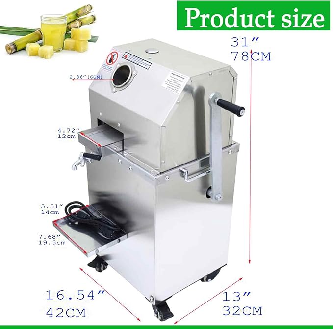 110V Manual/electric 2-mode Sugarcane Juice with 3 Rollers, High Juice Yield, 300KG/H Sugarcane Crushing Capacity, 800W Suger Cane Squeezing Juicer, Stainless Steel