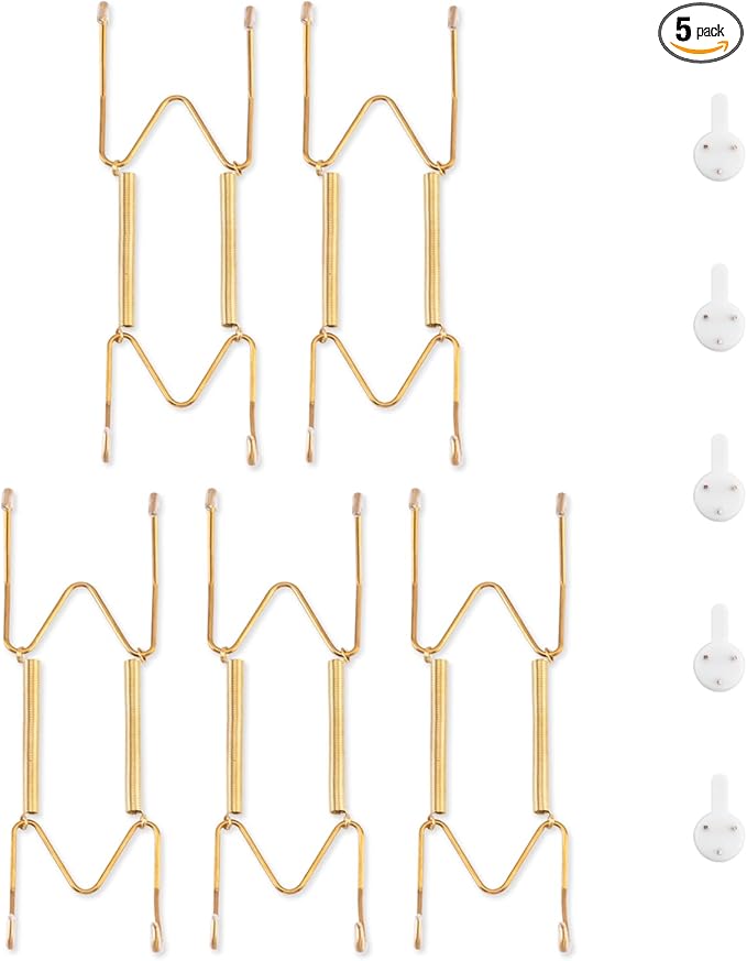 5 Pack Plate Hangers for The Wall, Suitable for 6-8 inch Art Plate, Stainless Steel Invisible Heavy Duty Wire Plate Holder with Wall Hooks, Plate Hangers for Displaying Plates, Platter, Dish, Gold
