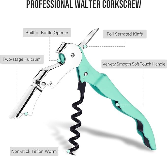 Soft Velvet Touch Waiters Double Hinge Corkscrew Wine Key Bottle Opener，Heavy Duty Waiter Corkscrew, Foil cutter and Bottle Opener,2-pack (2, Mint Green)