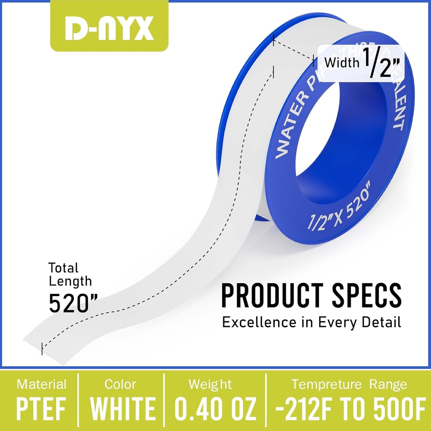 D-NYX Teflon Tape 4 Rolls 1/2 Inch(W) X 520 Inches(L) Teflon Duct Sealant Tape for Shower Head, Plumbing Thread Tapes, Water Pipe Sealing Plumbers PTFE Thread Seal, Pipe Dope Plumbers Accessories