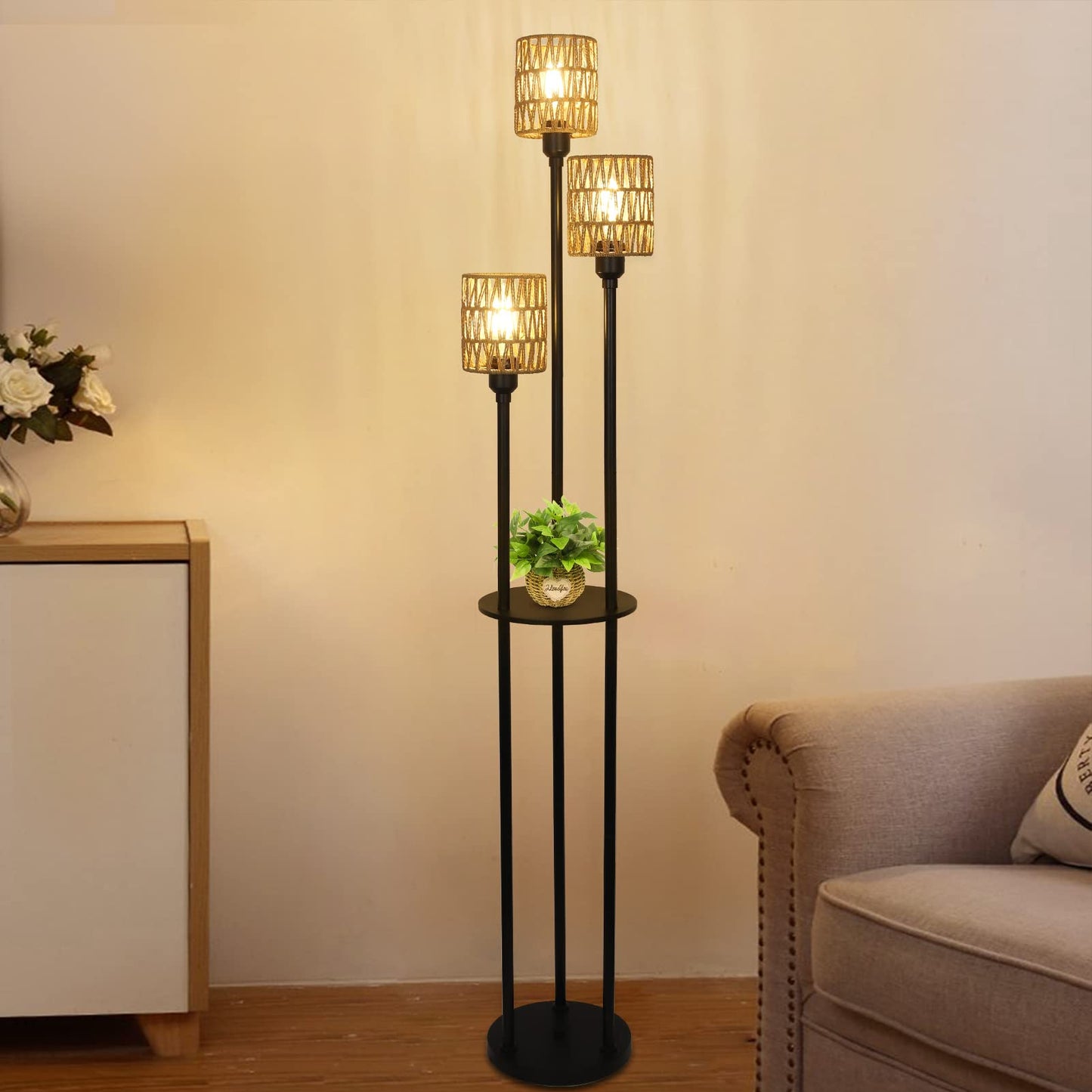 Stepeak Boho Floor Lamp - 3-Light Rustic Standing Lamp With Rattan Shades, Black - Model 221105A1 For Living Room, Bedroom, Office