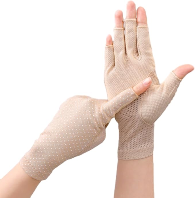 Bawnhaw Cotton Fingerless Driving Gloves for Women Men, Mesh Nonslip UV-Protection Summer Gloves for Nail Manicure, Cycling