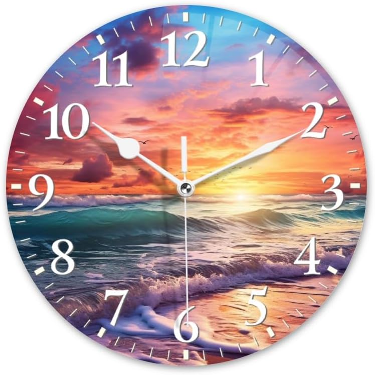 Beach Wall Clock Non-Ticking Silent Clocks Battery Operated Analog Decor Clock for Home-Beautiful Beach Sunset with Colorful Clouds and Waves(14inch)