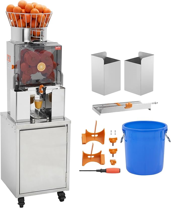VEVOR Commercial Orange Juicer, 120W Automatic Feeding Juice Extractor with Water Tap, Stainless Steel Juicer Machine 25 Oranges/Minute, with Pull-Out Filter Box, PC Cover, 3 Peel Collecting Buckets