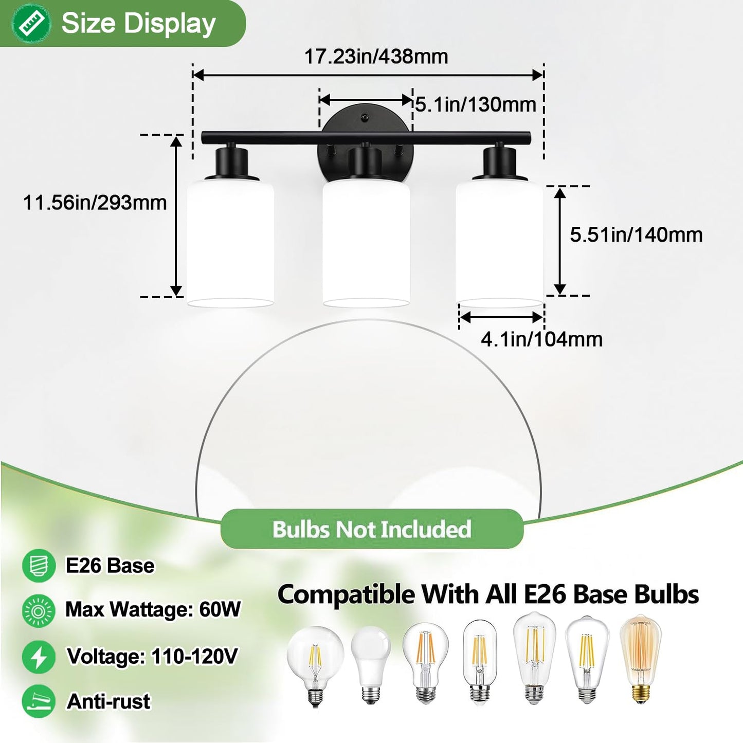 Zarbitta 3-Light Bathroom Light Fixtures, Black Modern Vanity Lights with Milky White Frosted Glass Shades, Bathroom Wall Lamp for Mirror Kitchen Living Room Hallway Cabinet Porch