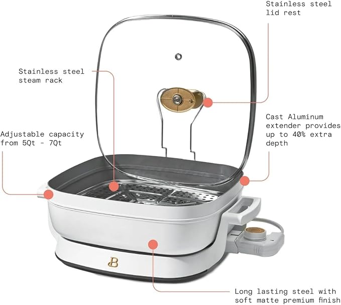 Beautiful 5-in-1 Electric Skillet 7QT, Cast Aluminum Extender, Nonstick, 1500W, Dishwasher-Safe Lid, Slow Cook, Steam (White Icing)
