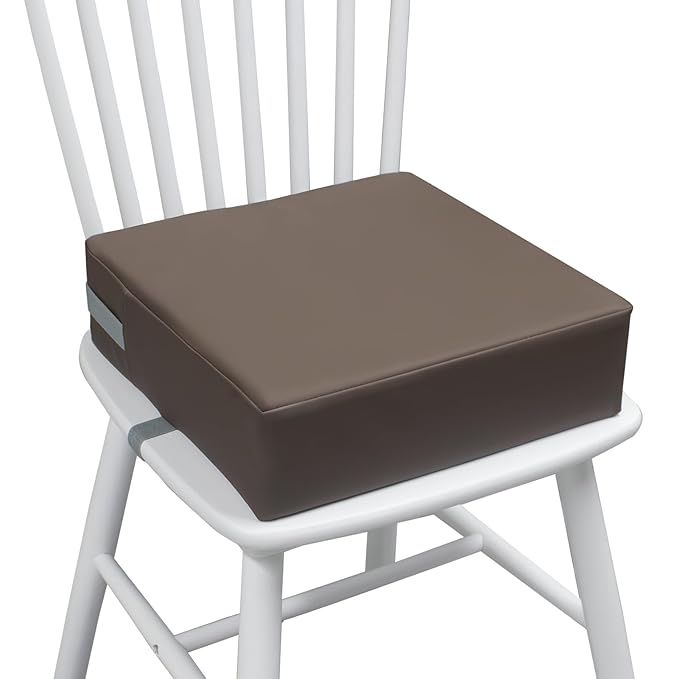 Toddler Booster Seat for Dining Table, Two Elastic Seat Belts, Anti-Scratch PU Skin-Friendly, Waterproof, Anti-Wrinkle, Detachable Non-Slip Bottom - Dark Brown