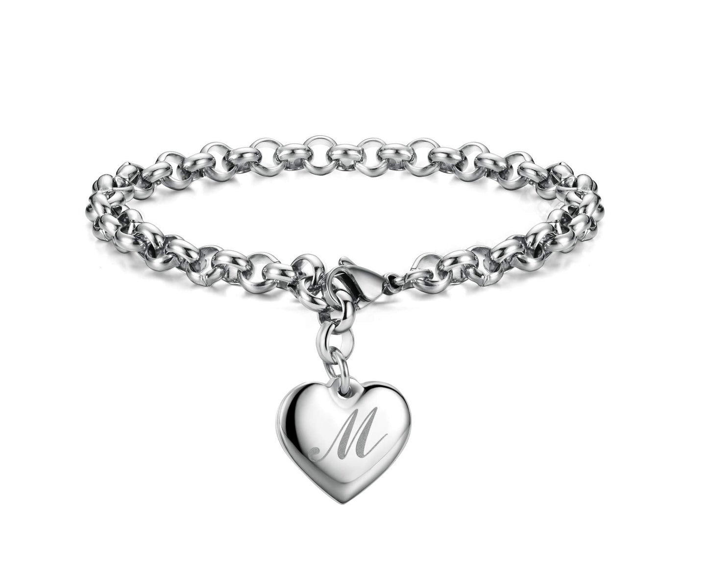 Monily Initial Charm Bracelets for Women Stainless Steel Charm Bracelets for Women Letters M Alphabet Heart Bracelet Jewelry Gif