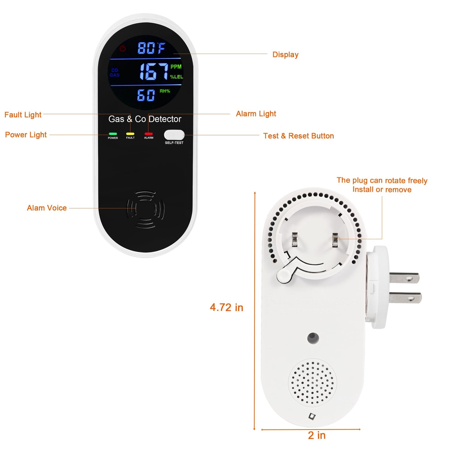 2 Packs Combination Natural Gas & Carbon Monoxide Detector,Koabbit 4-in-1 Explosive Gas & Carbon Monoxide Alarm with Temperature(°F) & Humidity for Home,RV,Hotel,Apartment