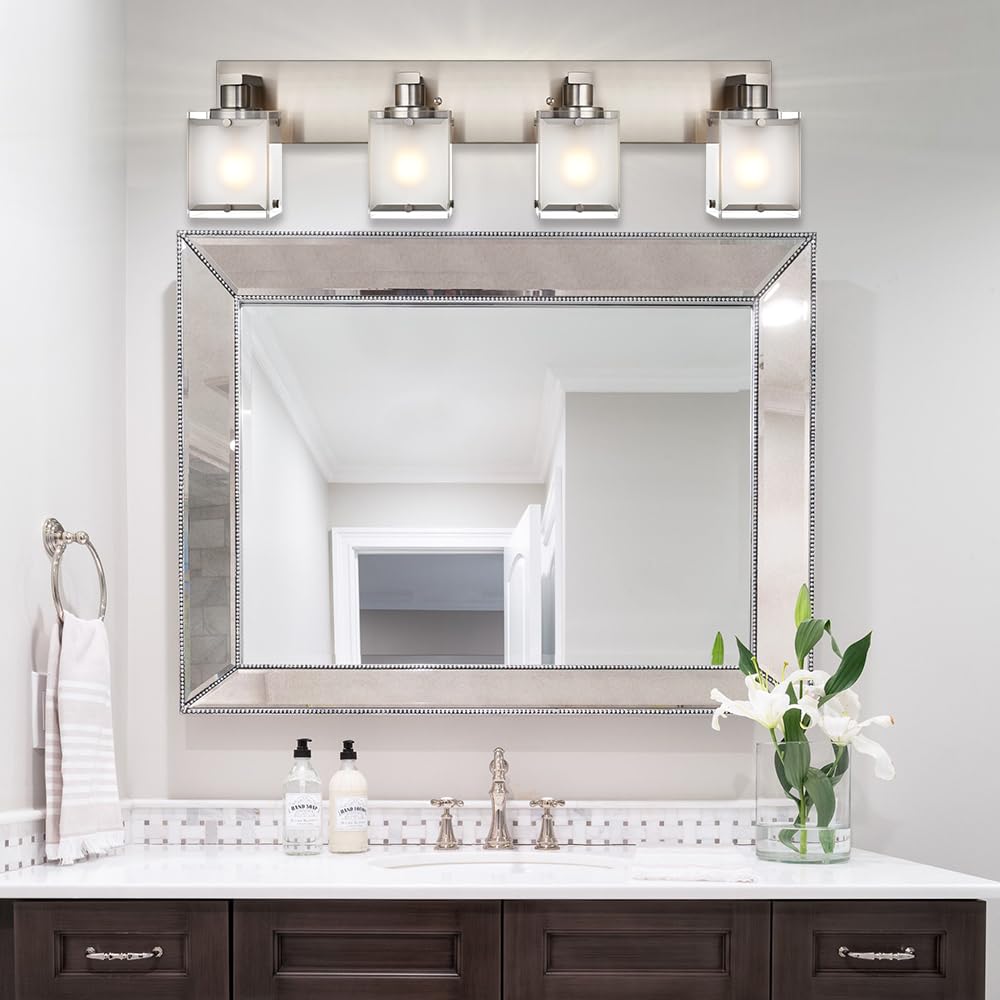 Winshen 4-Lights Bathroom Light Fixtures Over Mirror  Brushed Nickel Vanity Wall Mounted Lighting With Frosted Glass For Kitchen Living Room  E26 Bulb Base