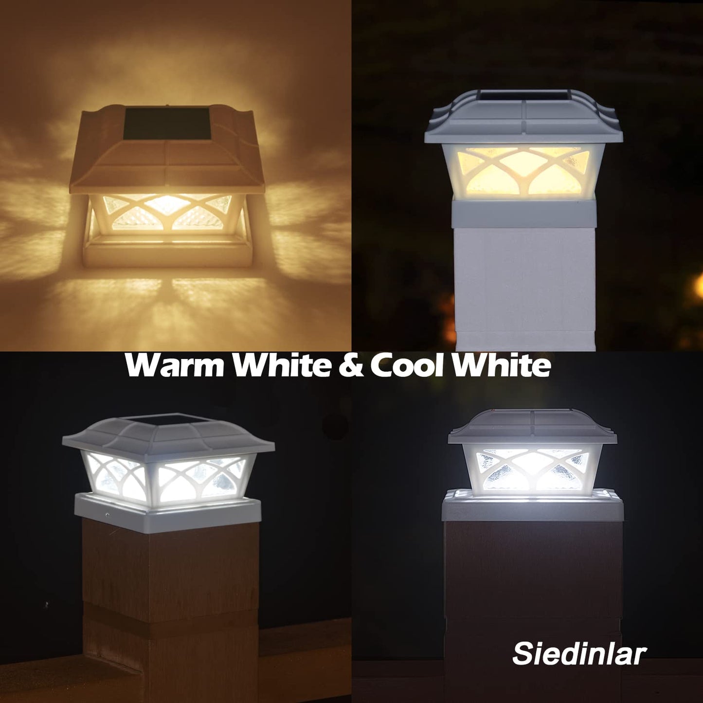 SIEDiNLAR Solar Post Cap Lights, 8 LEDs, Glass, 4 Pack, Warm White & Cool White, Model SD012W-4PK, Outdoor Fence Deck Patio Lighting