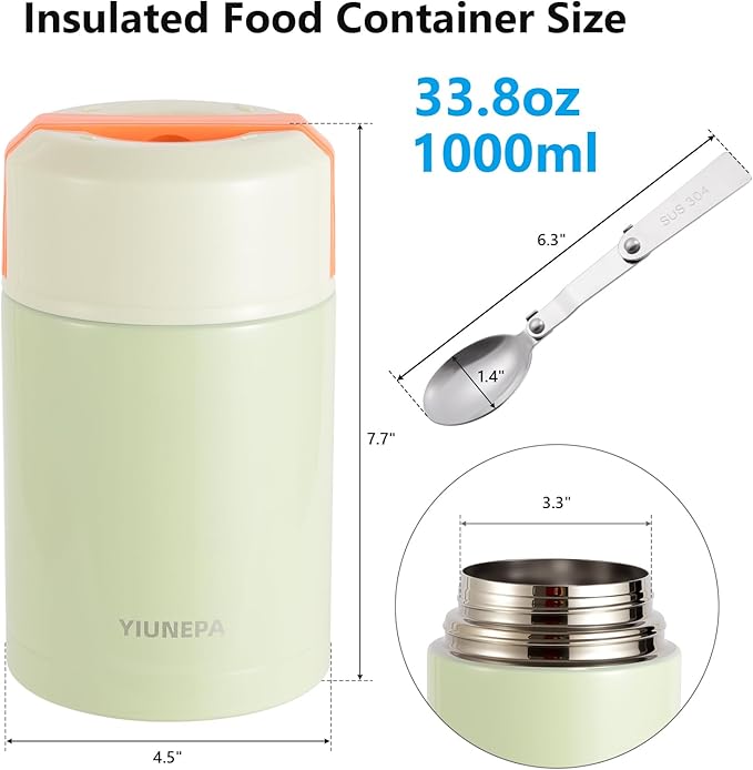 33.8oz Insulated Food Jar, 316 Stainless Steel Thermo for Hot Food, Leak-Proof Lunch Container for Construction, Truck Drivers, Work & Travel (Green)