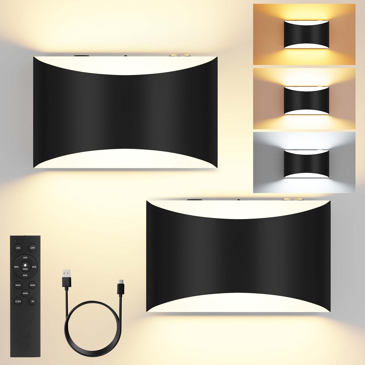 FOLKSMATE Battery Operated Wall Sconces Set of 2, 8000mAh Rechargeable, Remote & Touch Control, 3 Color Temperatures, Black