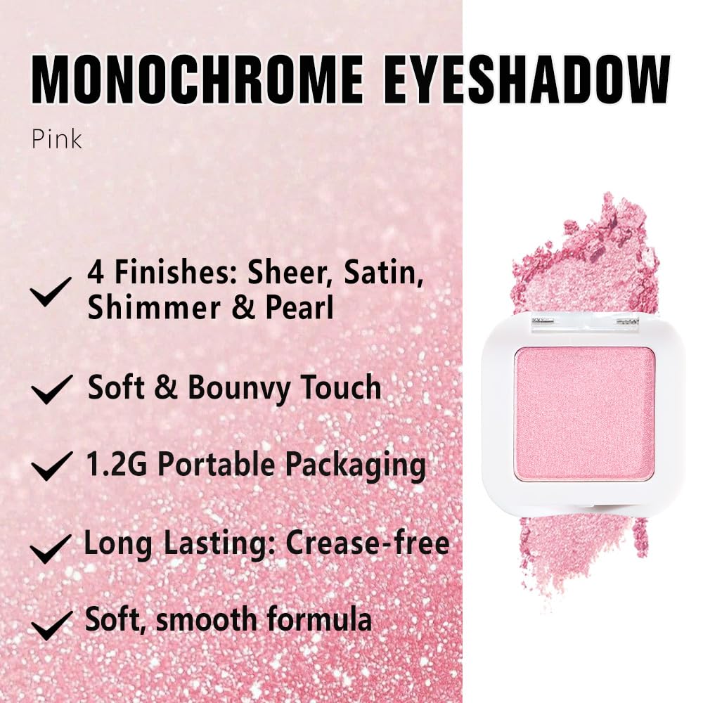 HHLTOH Pressed Single Eyeshadow Palette - Mini Shadow in Pink | Shimmer & Glitter Makeup for Women | Highly Pigmented, Blendable