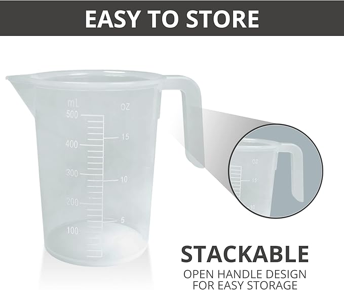 Stackable Plastic Measuring Cup, Graduated Measuring and Mixing Pitcher, Liquid Beaker Measuring Cups, BPA Free, Heavy Duty, Handle and Pour Spout - 500ml