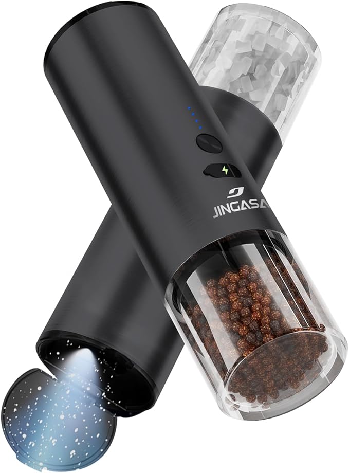 [Upgraded Larger Capacity]Electric Salt and Pepper Grinder Set, USB Rechargeable Automatic Salt and Pepper Shakers Set with Visual Power Reminder, 4oz Large Capacity with Adjustable Coarseness（Black）