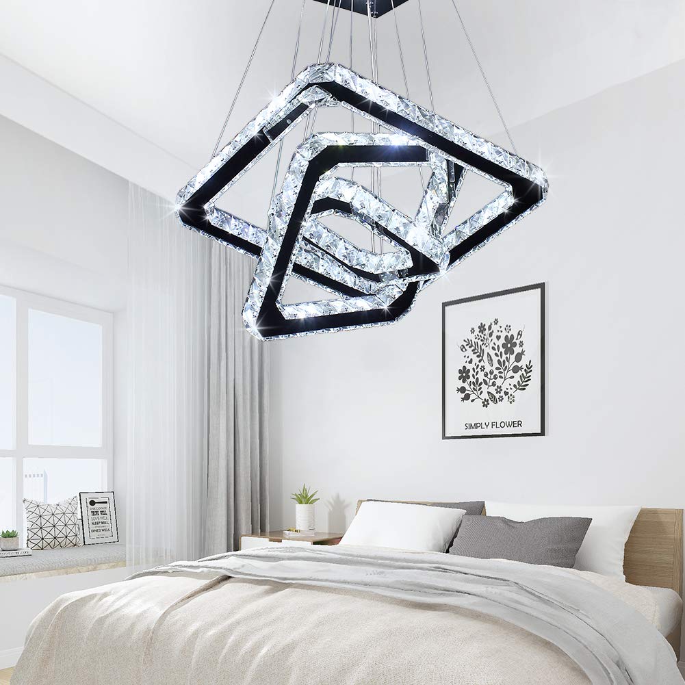 Diisunbihuo Modern Crystal Led Chandelier Pendant Light, Adjustable Height, Square Rings, Cool White, Model B078Dlym5X