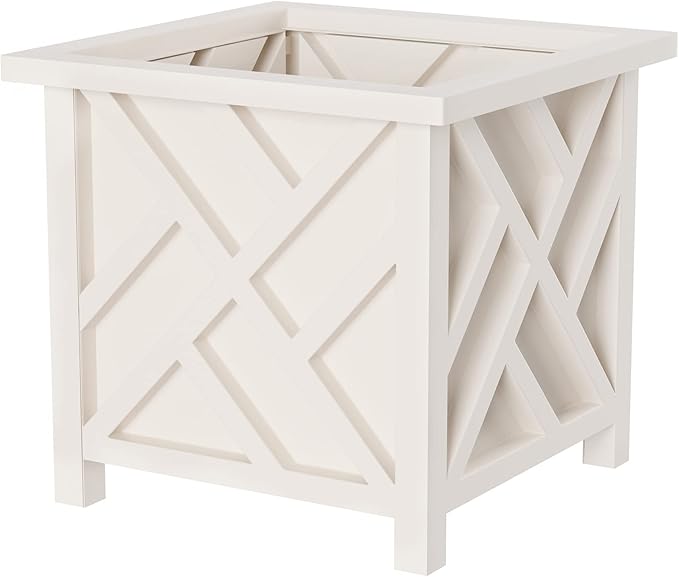 Lattice Design Outdoor Planter Box - 14.75” Square 13” Tall White Plant Pot - Decorative Plant Pots for Front Porch Decor...